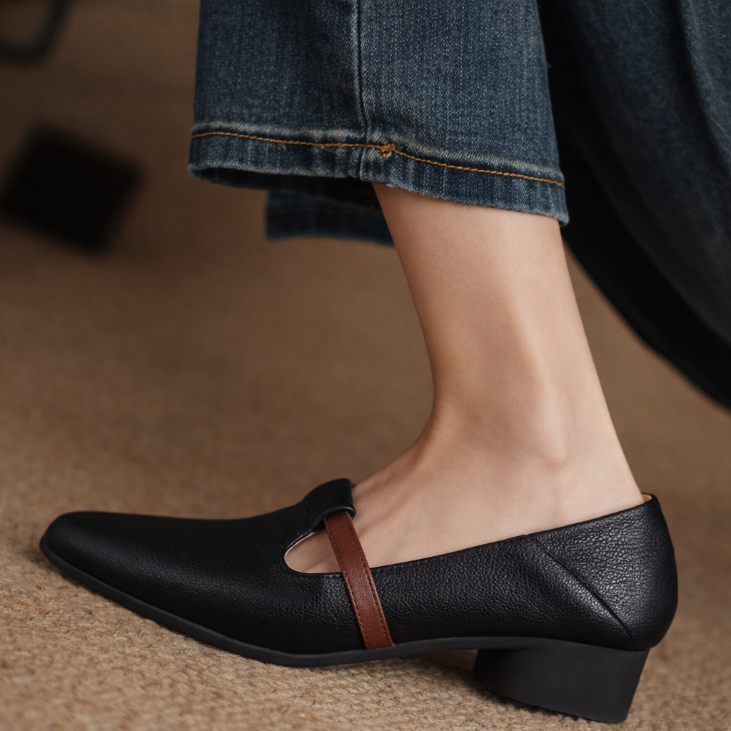 Black pointed-toe flat shoes with brown T-strap detail, worn with cropped blue jeans on a neutral surface.