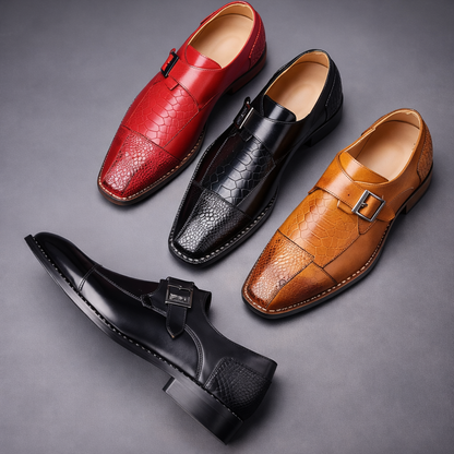 Four men's leather monk strap dress shoes in red, black, and tan with crocodile-embossed cap toe and silver buckle detail.
