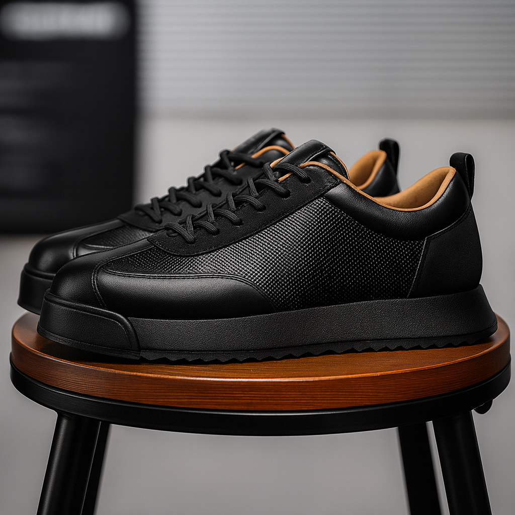 Black leather lace-up orthopedic sneakers with textured panel and tan interior, displayed on wooden stool