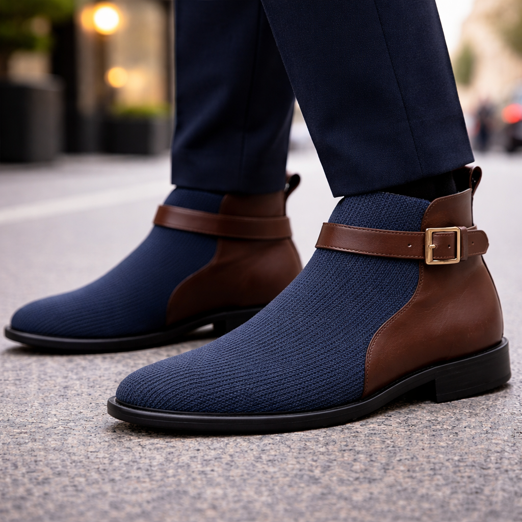 Navy blue knit Chelsea boots with brown leather trim and ankle buckle strap for men on pavement