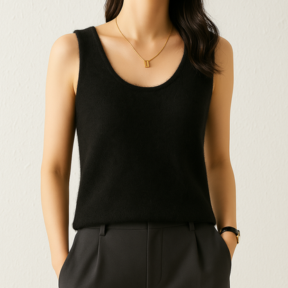 Woman wearing a black cashmere knit scoop neck tank top paired with dark trousers and gold necklace.