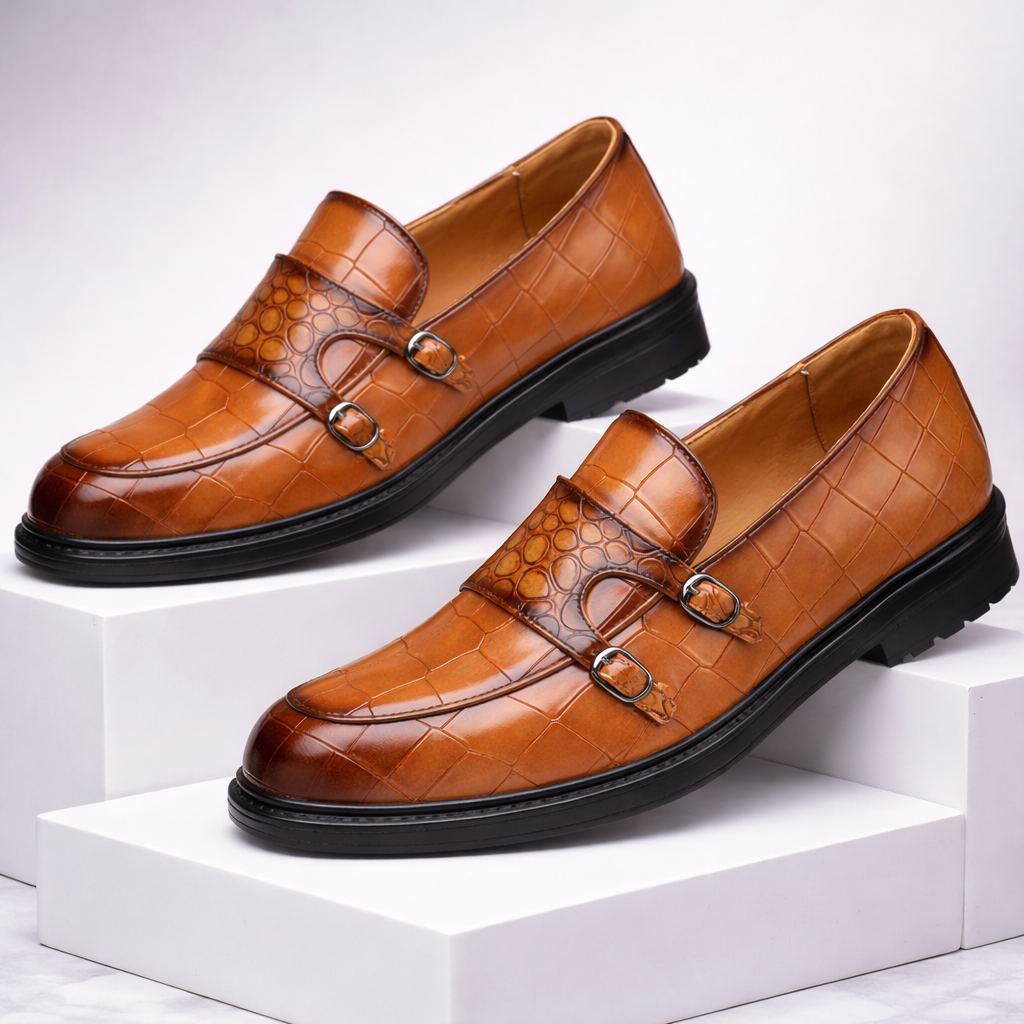 Men's tan croc-embossed leather double monk strap loafers with black sole and silver buckles