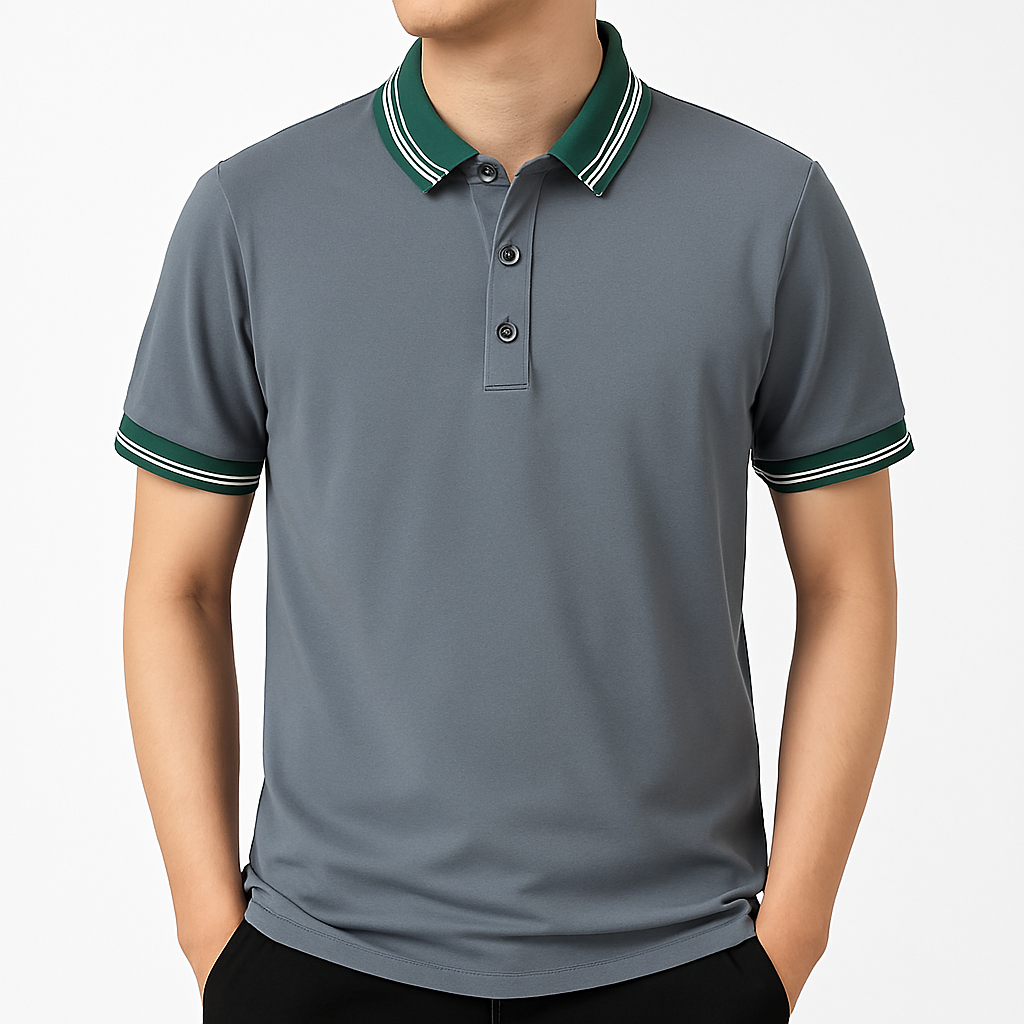 Men's gray polo shirt with green and white striped tipped collar and matching sleeve cuffs, short sleeves, button placket
