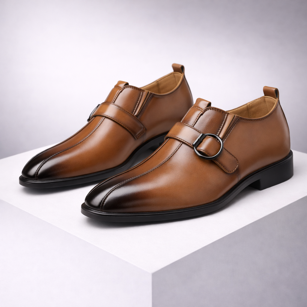 Brown leather double monk strap dress shoes for men with black sole on white display platform