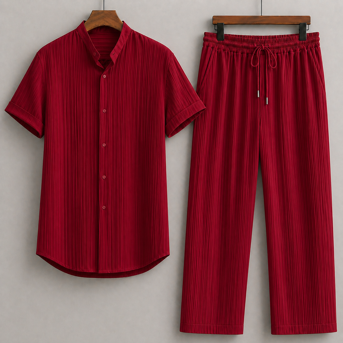 Men's red ribbed linen short-sleeve button-up shirt and matching drawstring wide-leg pants coordinating set