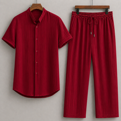 Men's red ribbed linen short-sleeve button-up shirt and matching drawstring wide-leg pants coordinating set