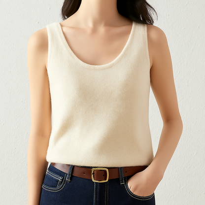 Woman wearing a cream cashmere knit scoop neck tank top paired with dark jeans and a brown leather belt.