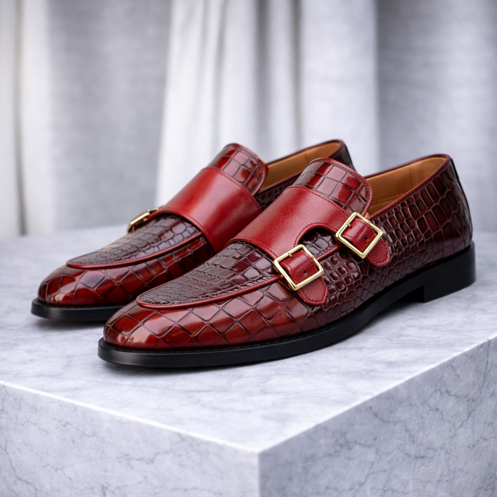 Burgundy croc-embossed leather double monk strap loafers with gold buckles and black sole on marble surface