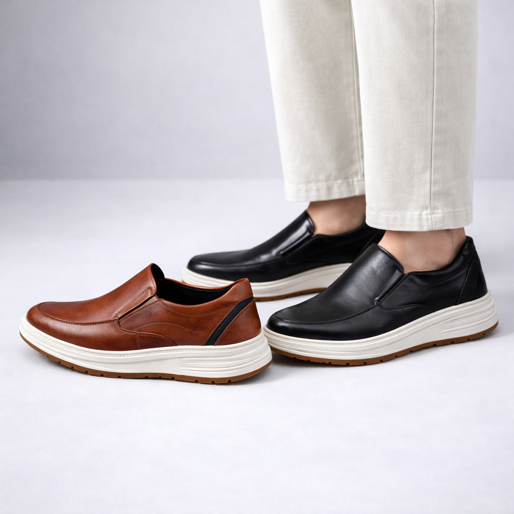 Men's leather slip-on loafers in black and tan brown with chunky white platform soles, shown with beige trousers.