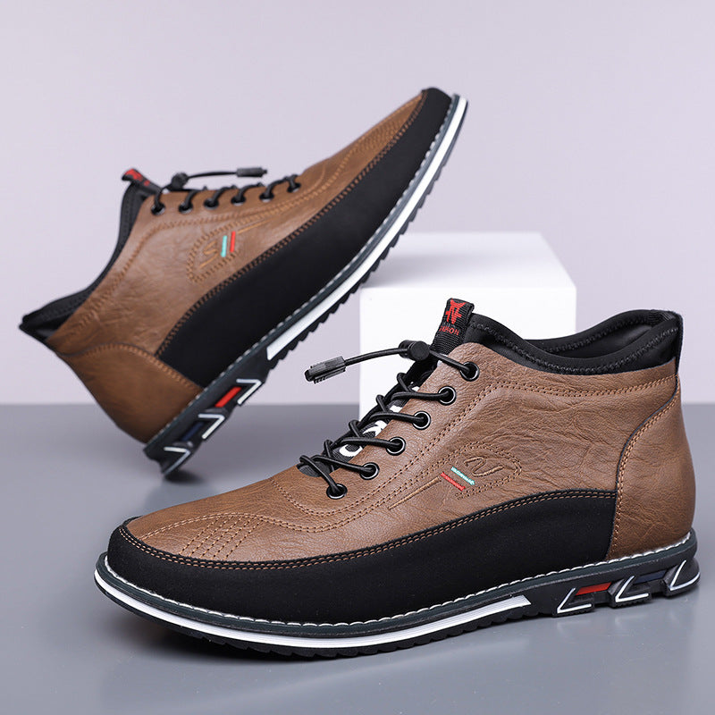 Men's brown leather mid-top sneakers with black accents and white sole - Torven casual lace-up shoes