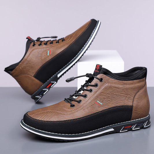 Men's brown leather mid-top sneakers with black accents and white sole - Torven casual lace-up shoes