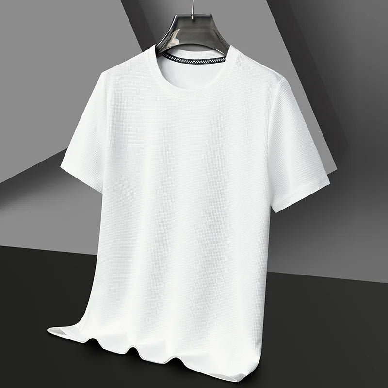 White men's waffle knit crewneck t-shirt with short sleeves and black striped collar detail, displayed on hanger