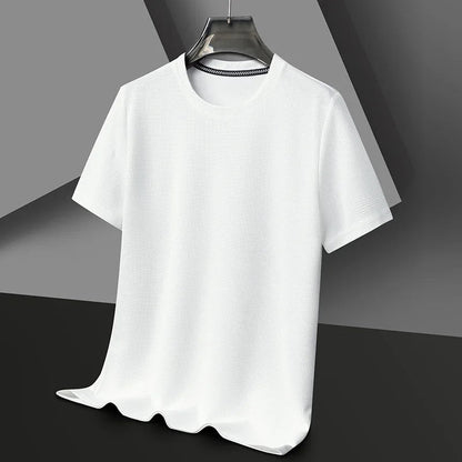 White men's waffle knit crewneck t-shirt with short sleeves and black striped collar detail, displayed on hanger