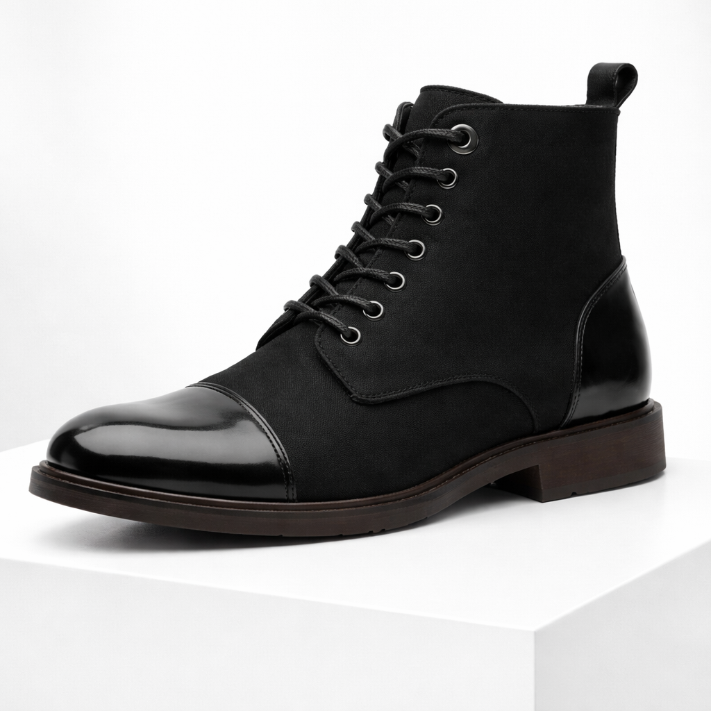 Black men's lace-up ankle boots with shiny leather cap toe, fabric upper, silver eyelets, and dark brown sole.
