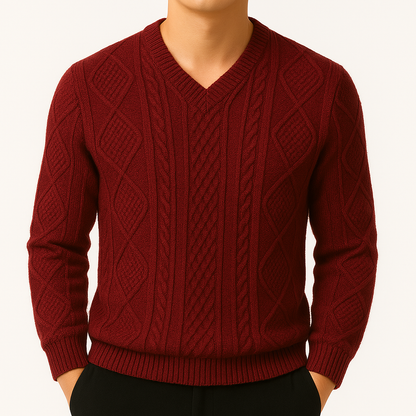 Men's burgundy cable knit V-neck wool sweater with textured pattern and ribbed trim