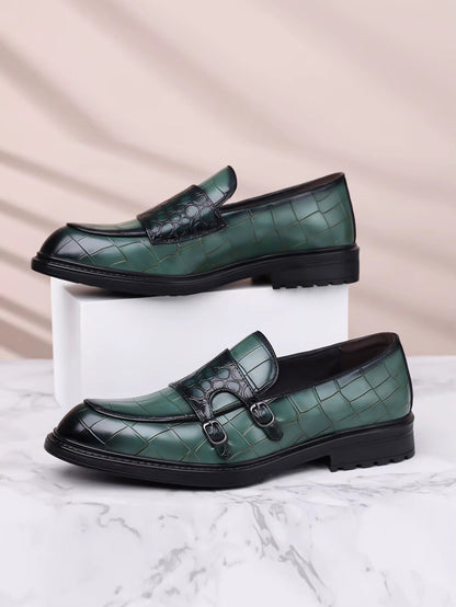 Green croc-embossed leather double monk strap loafers with black sole and toe cap detail for men