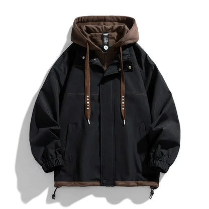 Black zip-up hooded jacket with brown contrast hood, drawstrings, elastic cuffs, and front pockets for men