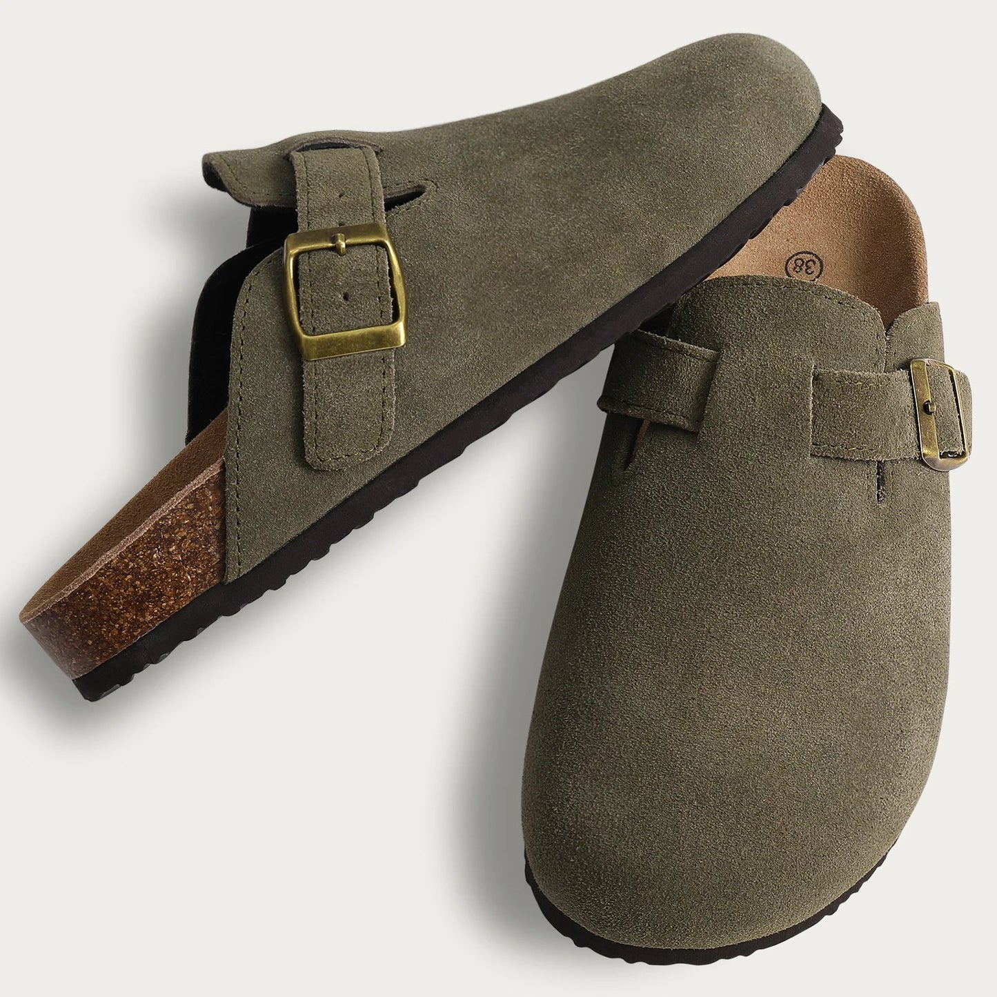 Olive green suede slip-on clogs for men with adjustable buckle strap and cork footbed