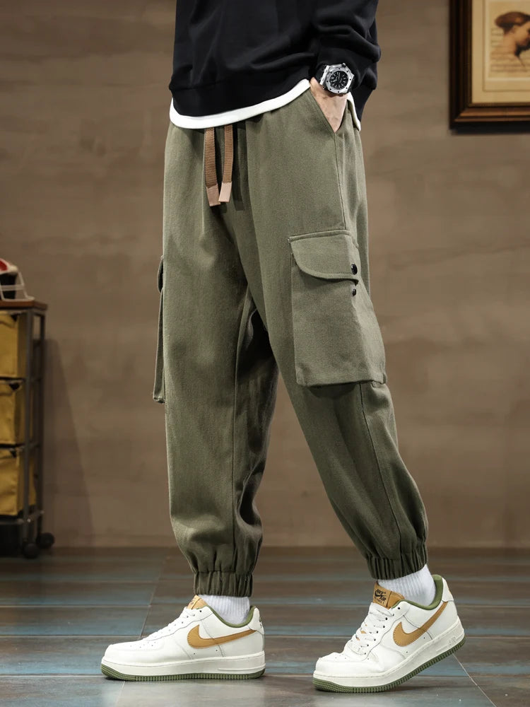 Men's olive green cargo joggers with side pockets elastic cuffs tapered fit casual streetwear pants