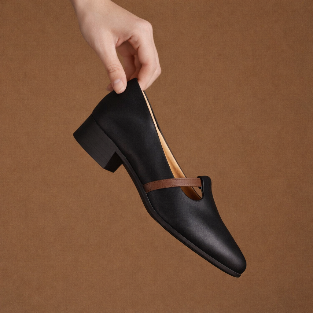 Black pointed-toe women's flats with brown leather T-strap and low block heel, held up against brown background.