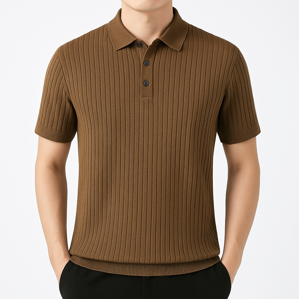 Men's brown ribbed knit cotton polo shirt with short sleeves, spread collar, and three-button placket.