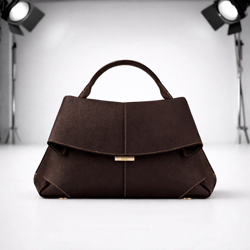 Dark brown structured leather handbag with top handle and gold accents on white studio background