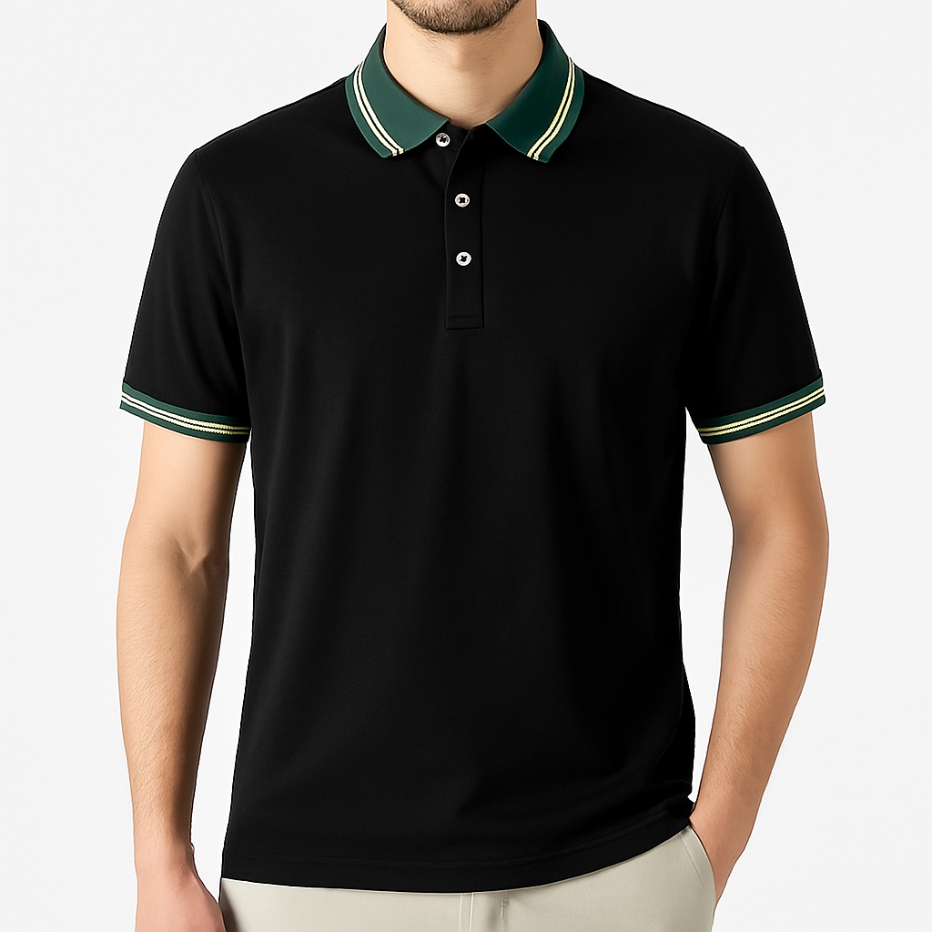 Black polo shirt with green tipped collar and sleeves, three-button placket, men's casual wear