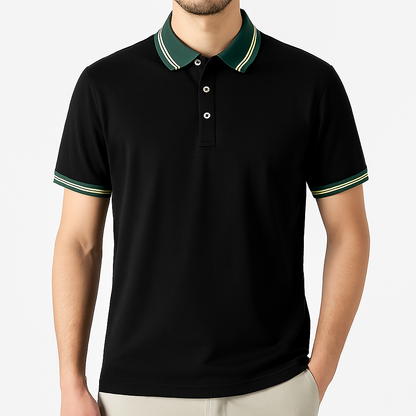 Black polo shirt with green tipped collar and sleeves, three-button placket, men's casual wear