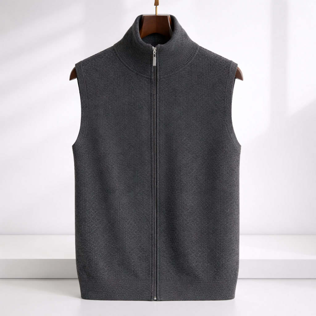 Charcoal gray merino wool sleeveless zip-up vest for men on wooden hanger with ribbed knit texture