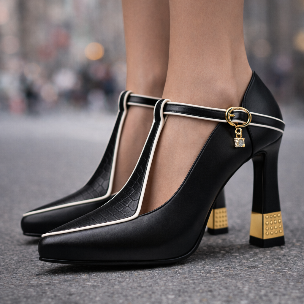 Black leather T-strap block heel pumps with white piping, gold buckle charm, and studded gold heel accent for women.