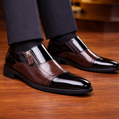 Men's brown and black patent leather dress shoes with side zipper slip-on loafers for formal wear