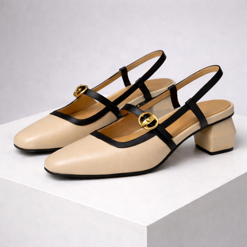 Beige Italian leather block heel mary jane shoes with black straps and gold buckle detail on white platform