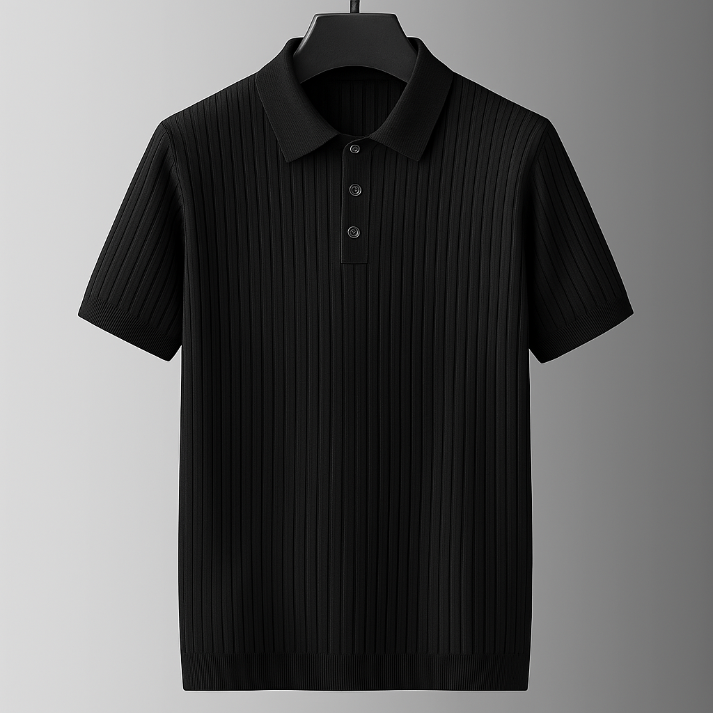 Black ribbed knit cotton men's polo shirt with short sleeves, collared neckline, and three-button placket on hanger.