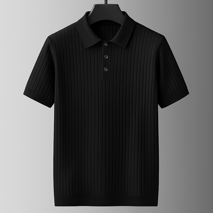 Black ribbed knit cotton men's polo shirt with short sleeves, collared neckline, and three-button placket on hanger.