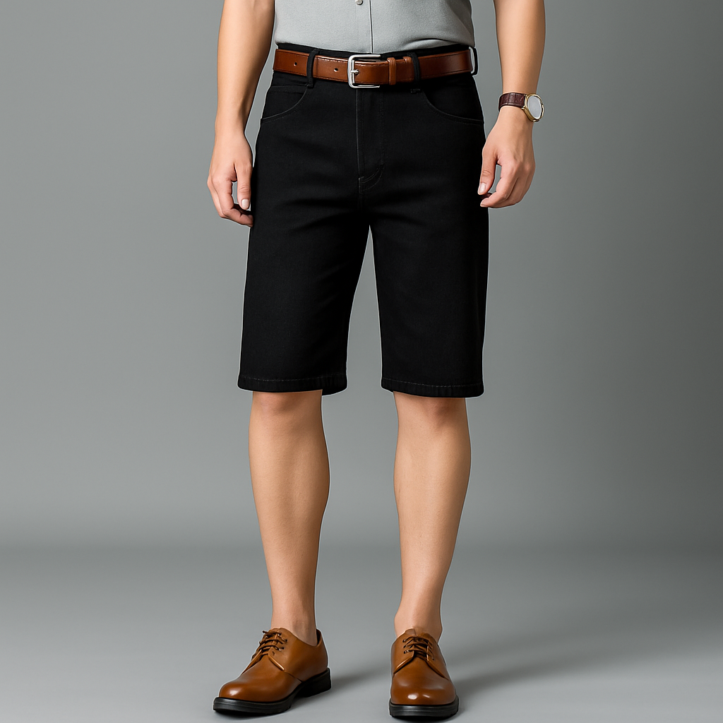 Men's black stretch denim shorts with brown leather belt and dress shoes, styled with gray shirt and watch.