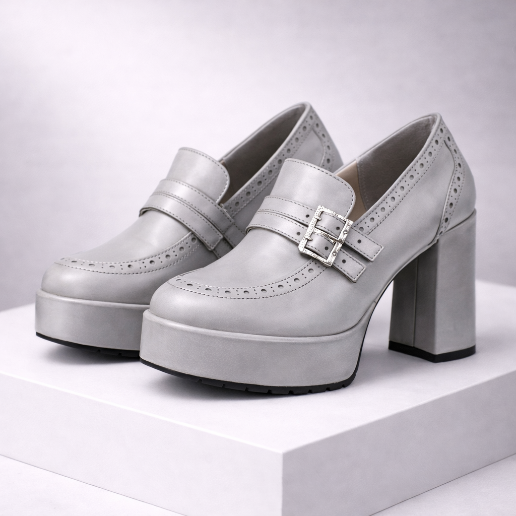 Silver platform block heel loafers with brogue detailing, double buckle strap, and chunky sole displayed on white stand.