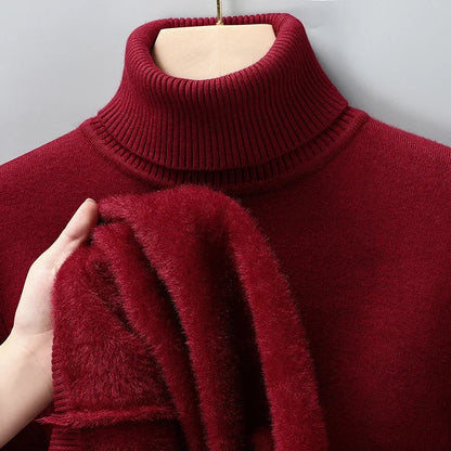 Burgundy men's merino wool turtleneck sweater with fleece lining shown inside out on mannequin hanger