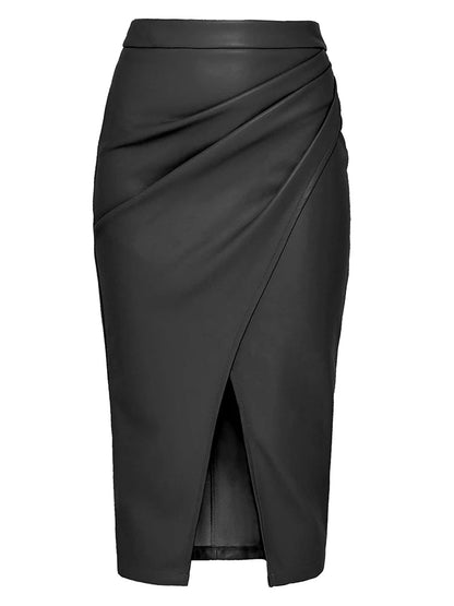 Black vegan leather wrap midi skirt with ruched detail and front slit, displayed on white background.