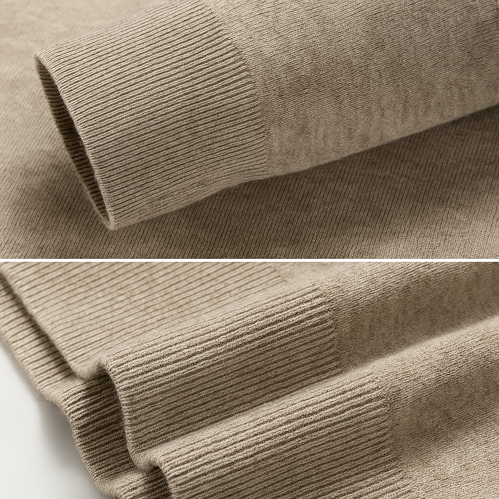Close-up of taupe merino wool polo sweater showing ribbed cuffs and fine knit texture detail