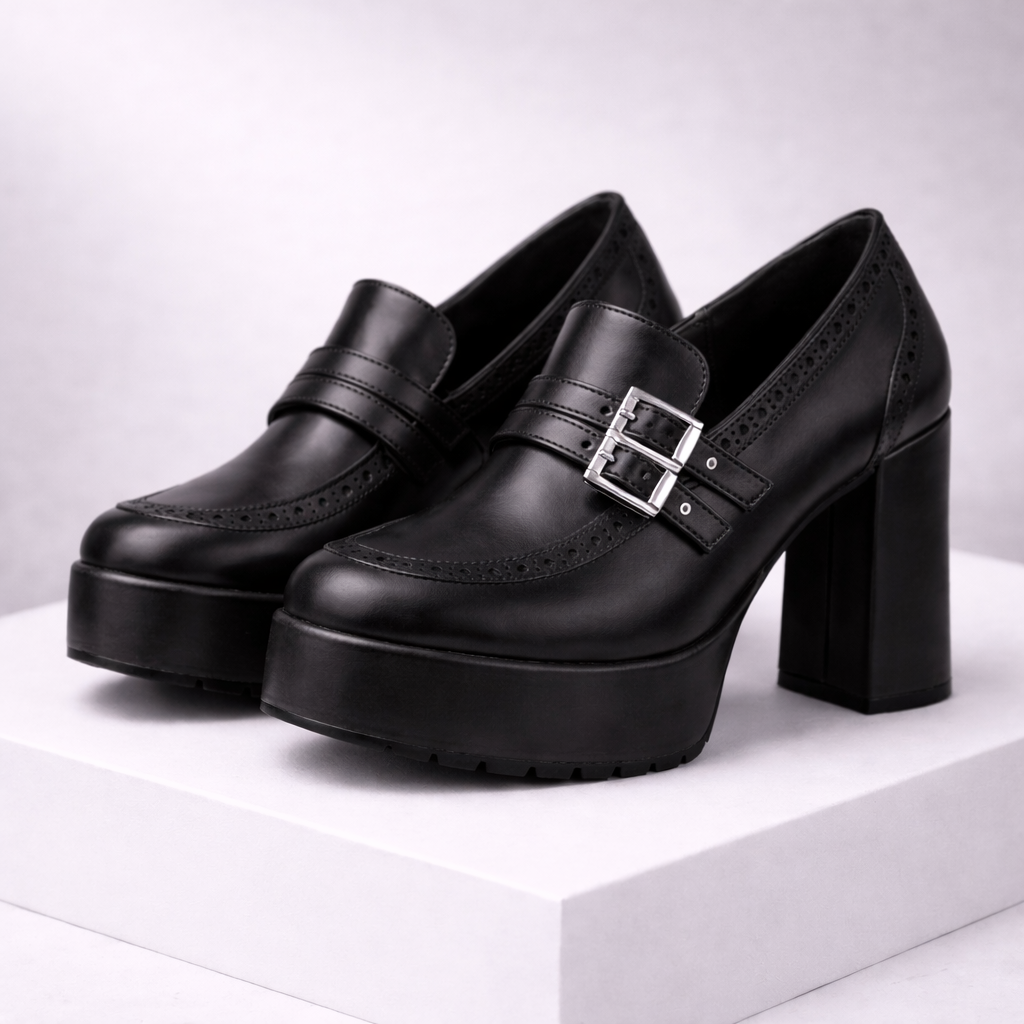 Black platform block heel loafers with silver buckle detail and brogue trim, displayed on white surface