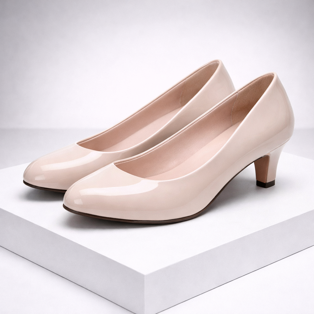 Nude patent leather kitten heel pumps with round toe, displayed on white platform against gray background.
