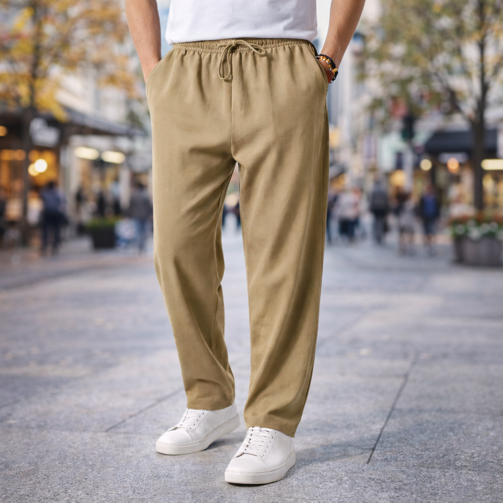 Man wearing khaki cotton drawstring pants with side pockets, paired with white sneakers and t-shirt, standing on city street.
