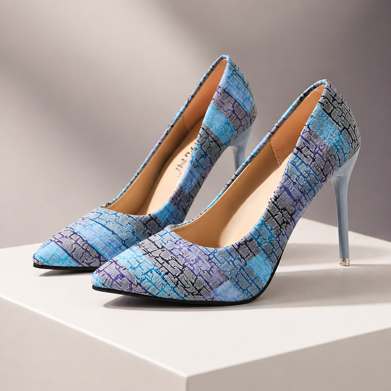 Women's pointed-toe stiletto heels in blue purple striped textured genuine leather with high heel