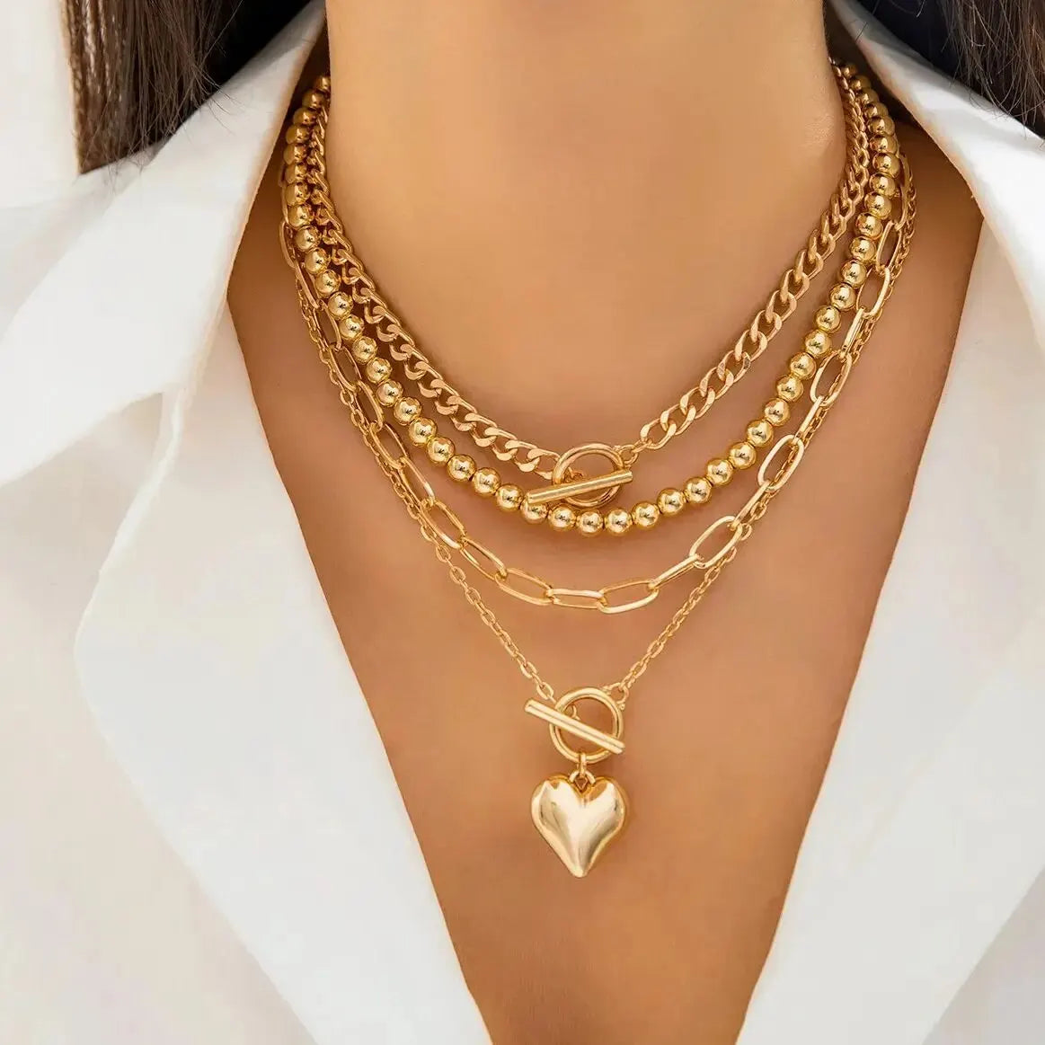 Layered Gold Chain Necklace Set with Heart Pendant Toggle Clasp Fashion Jewelry for Women