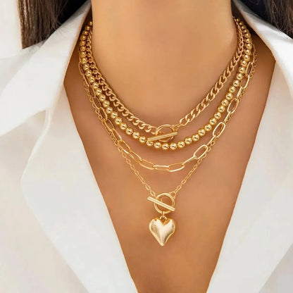 Layered Gold Chain Necklace Set with Heart Pendant Toggle Clasp Fashion Jewelry for Women
