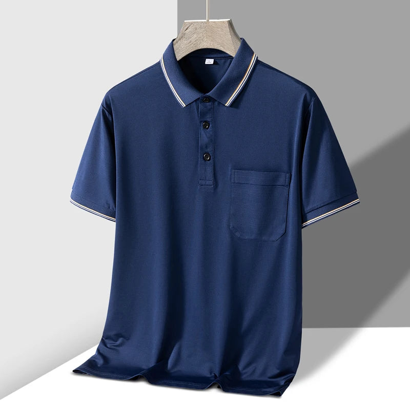 Navy blue men's short sleeve knit polo shirt with striped collar trim, chest pocket, and three-button placket.