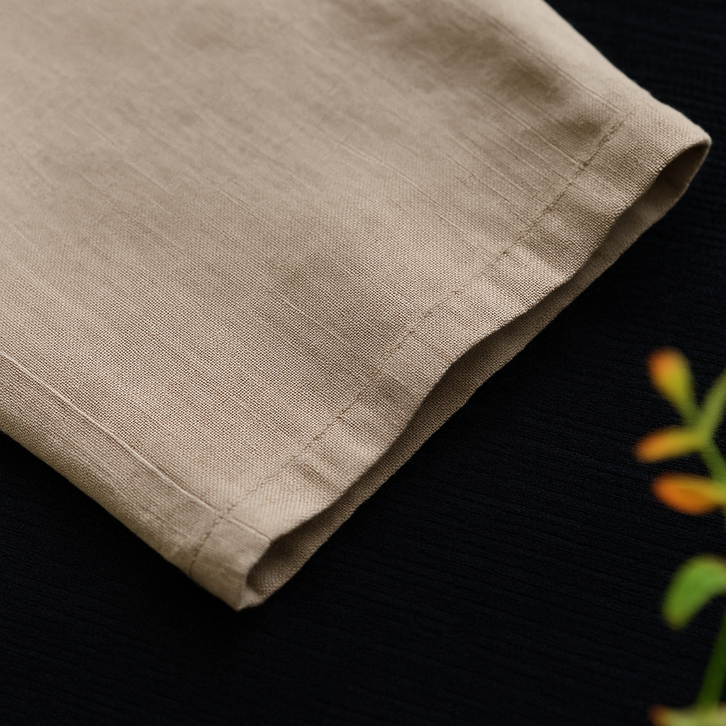 Close-up of beige linen tapered pants showing clean hemline stitching and natural fabric texture on dark background.