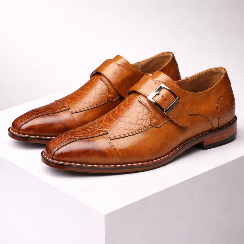 Men's brown leather monk strap dress shoes with silver buckle and crocodile embossed texture detail