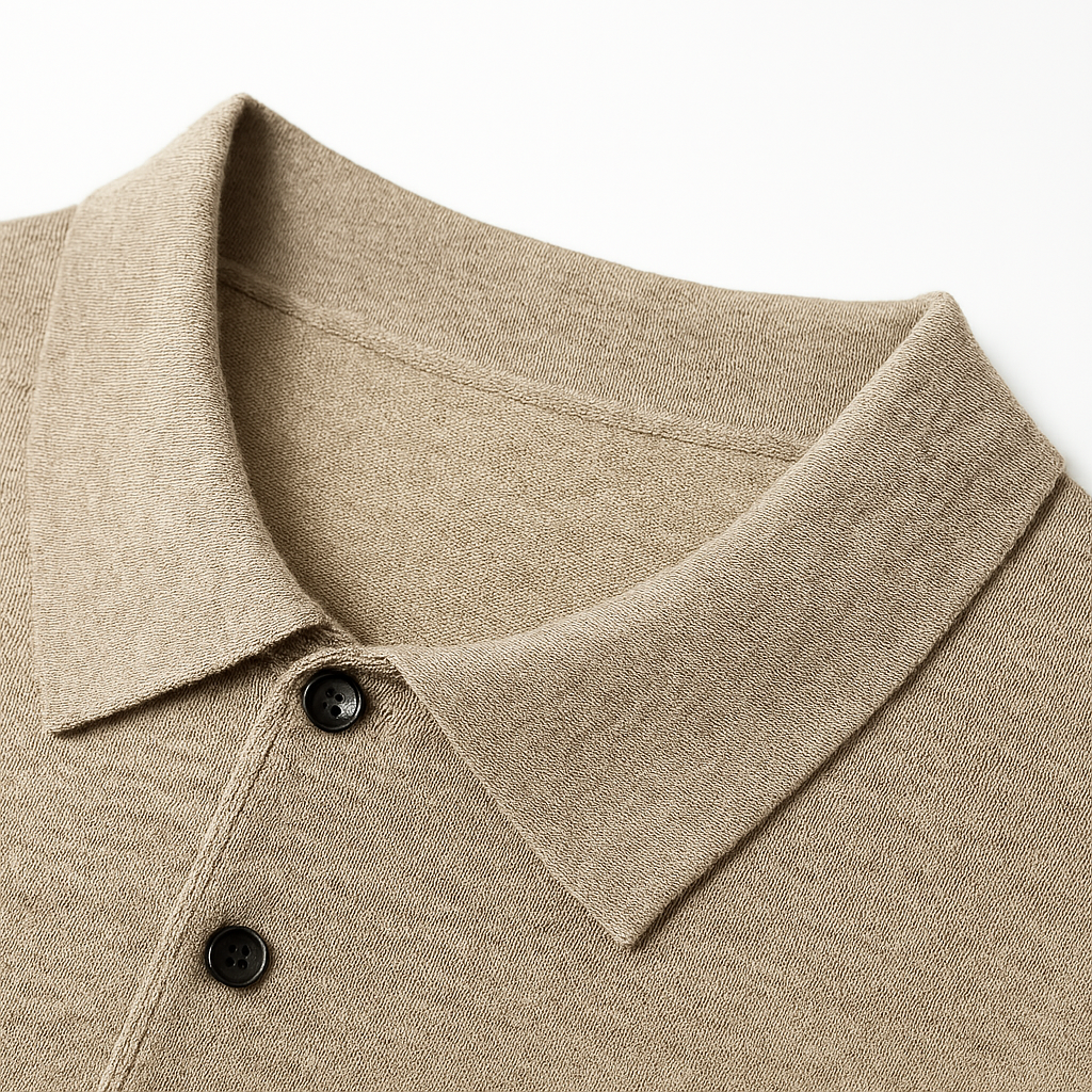 Men's beige merino wool long sleeve polo sweater with collar and black buttons detail