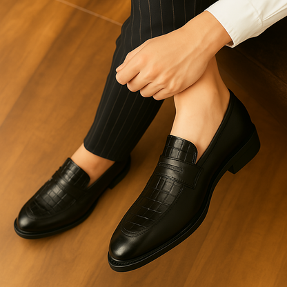 Black croc-embossed men's slip-on loafers styled with pinstripe trousers on a wood floor.